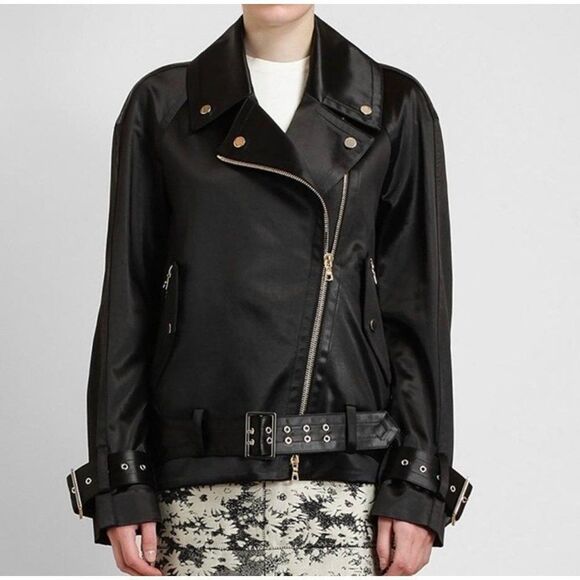 JASON WU Black Waist Belted Multi-zipper Moto Jacket Size 2 - Picture 1 of 8